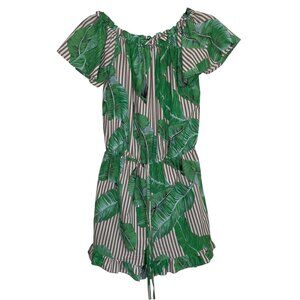 Tropical Palm Leaf Print Off Shoulder Romper Striped Green White Brown Ruffle S